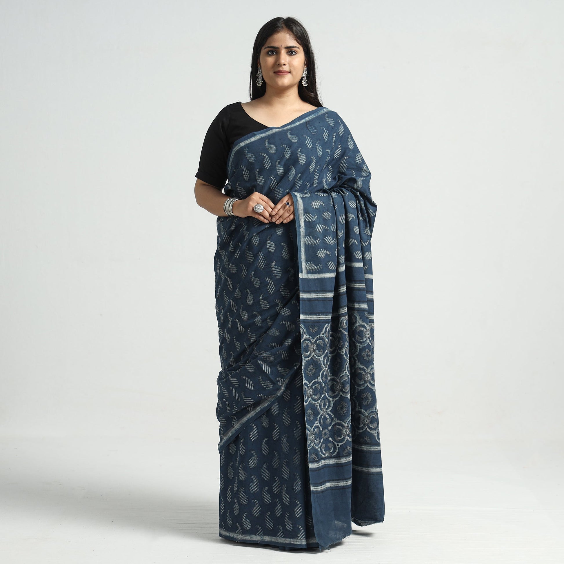 Blue - Akola Hand Block Printed Cotton Saree