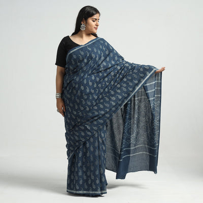 Blue - Akola Hand Block Printed Cotton Saree