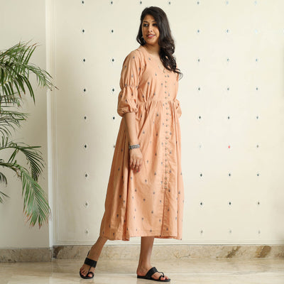 Beige - Jacquard Cotton Flared Gher Dress