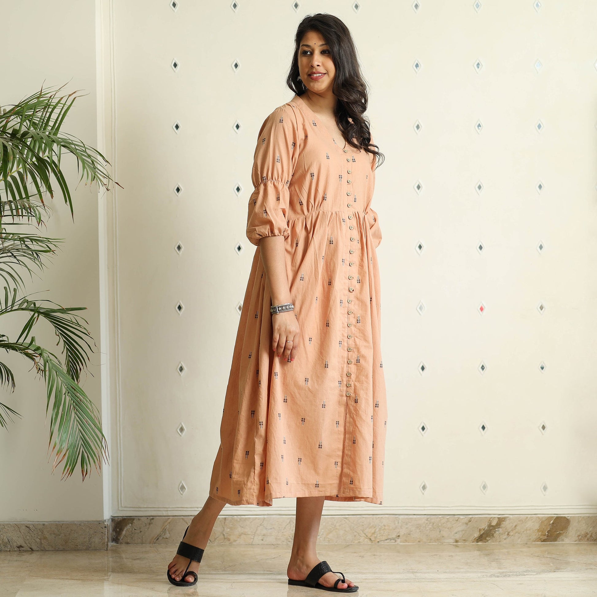 Beige - Jacquard Cotton Flared Gher Dress
