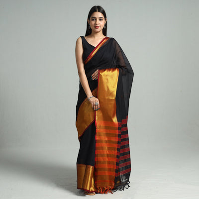 Black - Traditional Narayanpet Mercerised Cotton Saree with Zari Border 76