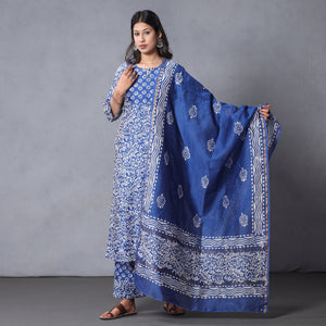 Blue - Hand Batik Printing Chanderi Silk Kurta with Palazzo & Dupatta Set