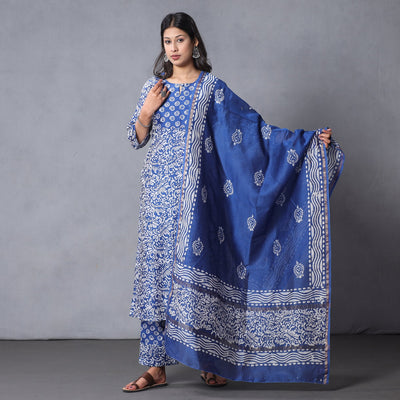 Blue - Hand Batik Printing Chanderi Silk Kurta with Palazzo & Dupatta Set