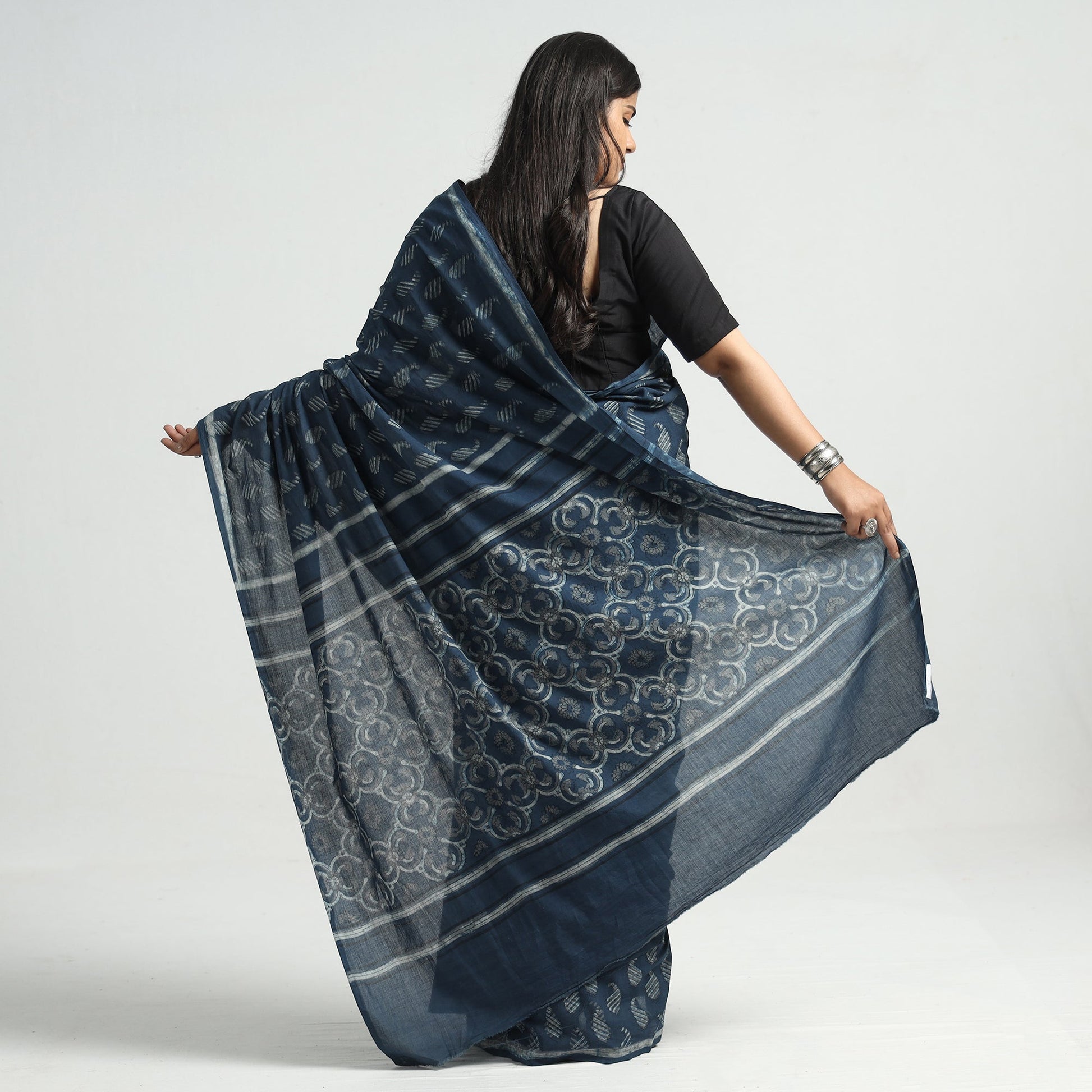 Blue - Akola Hand Block Printed Cotton Saree