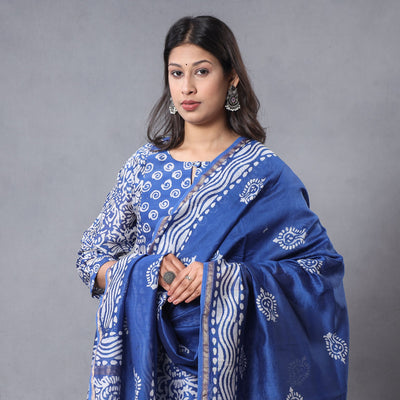 Blue - Hand Batik Printing Chanderi Silk Kurta with Palazzo & Dupatta Set