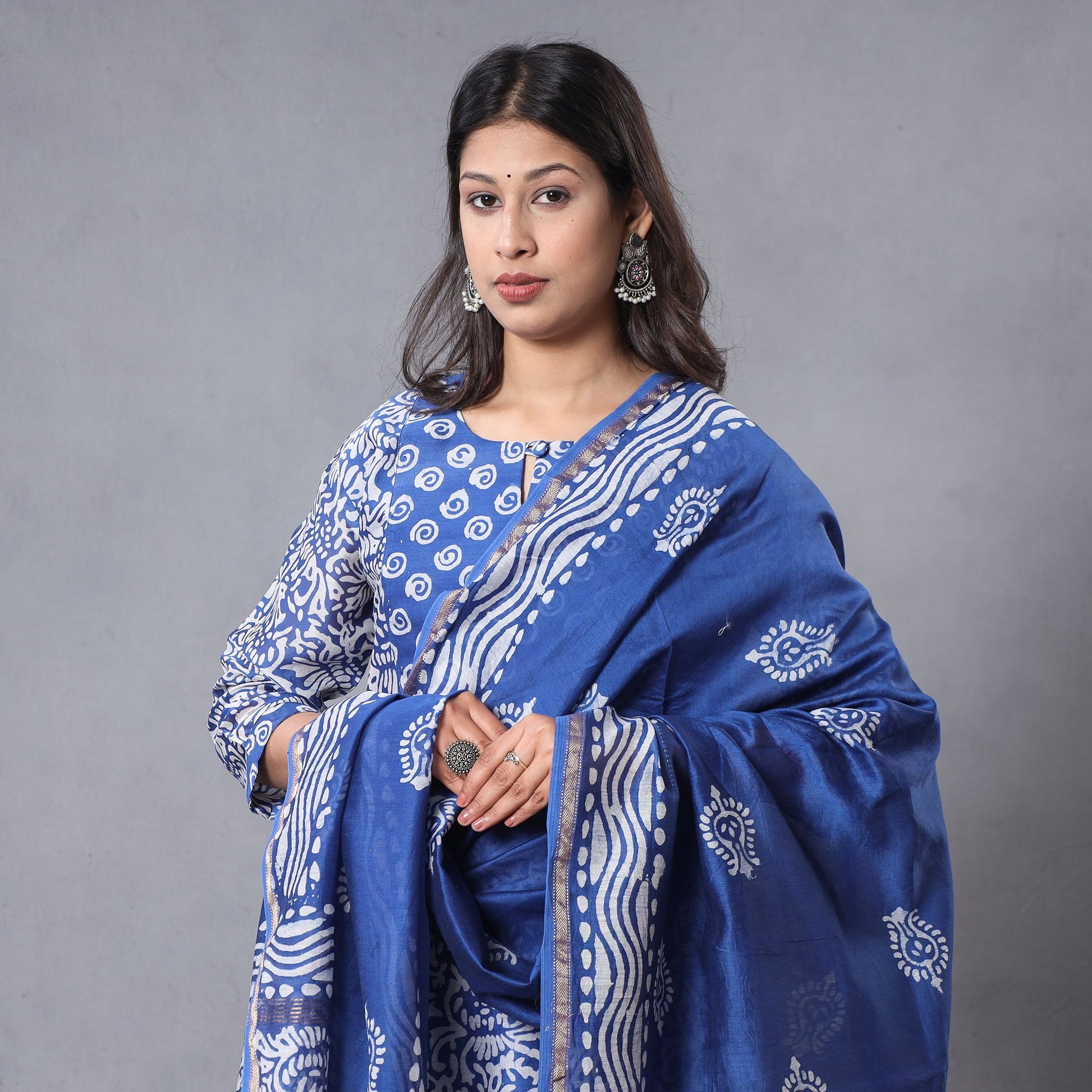 Blue - Hand Batik Printing Chanderi Silk Kurta with Palazzo & Dupatta Set