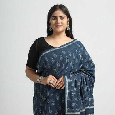 Blue - Akola Hand Block Printed Cotton Saree