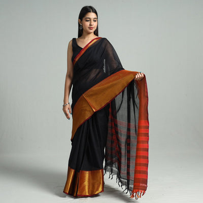 Black - Traditional Narayanpet Mercerised Cotton Saree with Zari Border 76