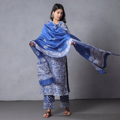 Blue - Hand Batik Printing Chanderi Silk Kurta with Palazzo & Dupatta Set