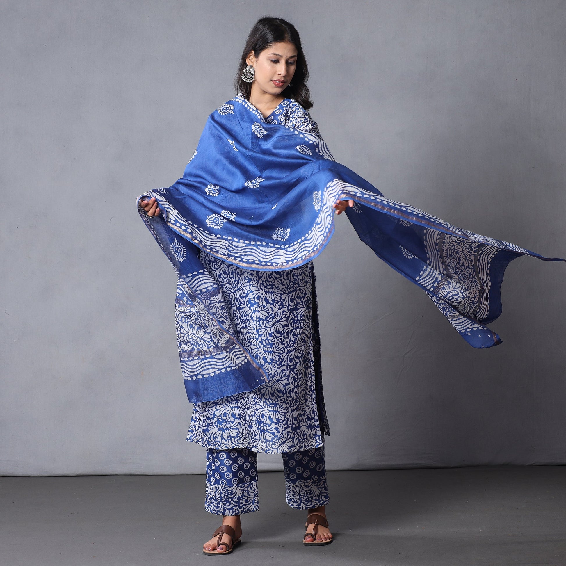 Blue - Hand Batik Printing Chanderi Silk Kurta with Palazzo & Dupatta Set