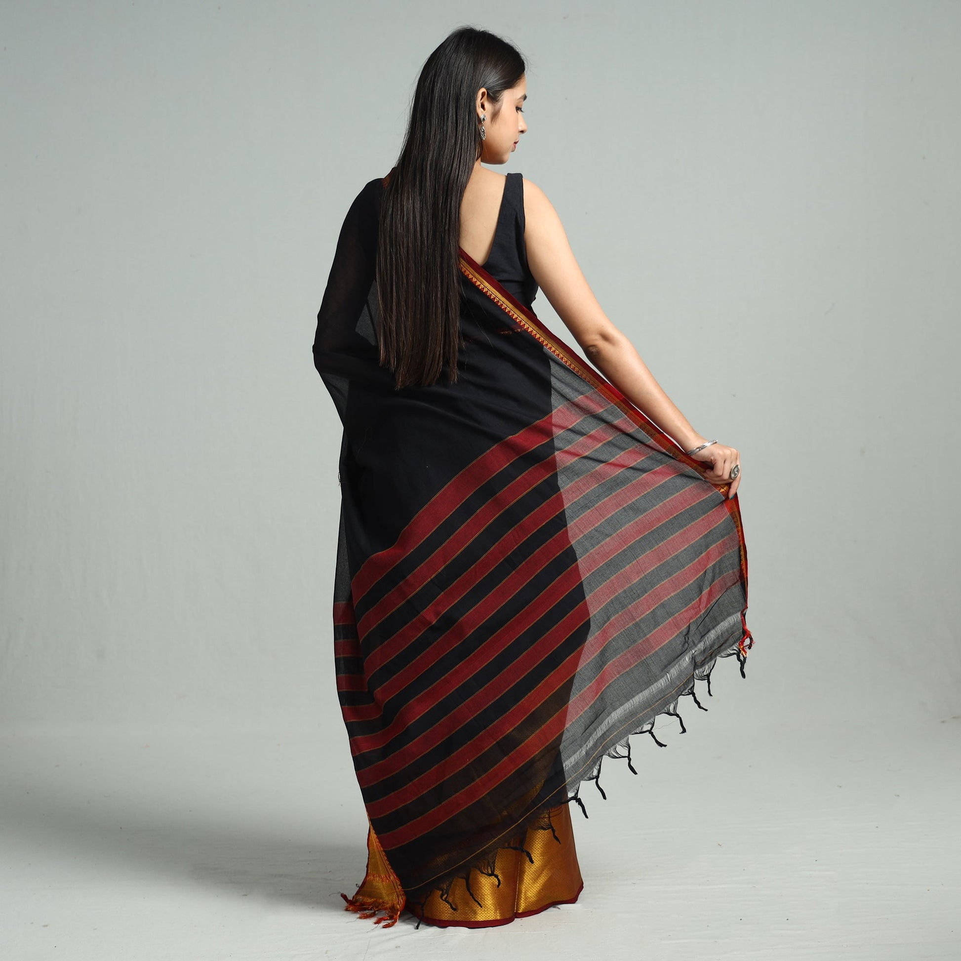 Black - Traditional Narayanpet Mercerised Cotton Saree with Zari Border 76