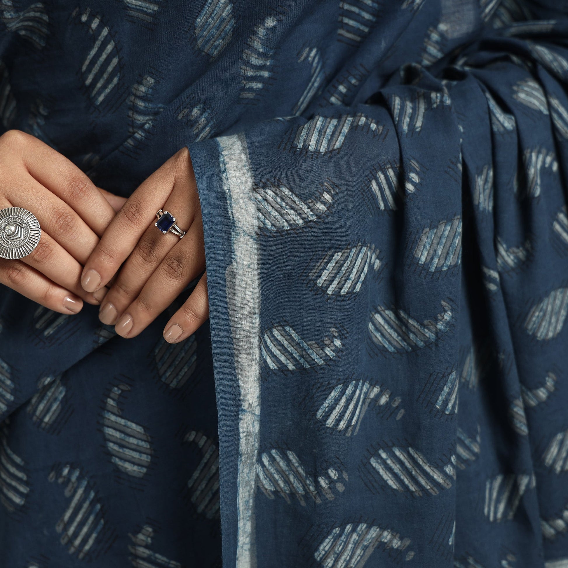 Blue - Akola Hand Block Printed Cotton Saree