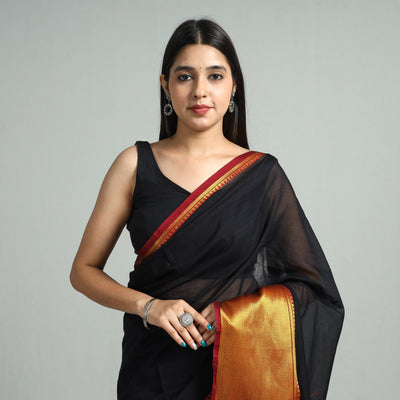 Black - Traditional Narayanpet Mercerised Cotton Saree with Zari Border 76