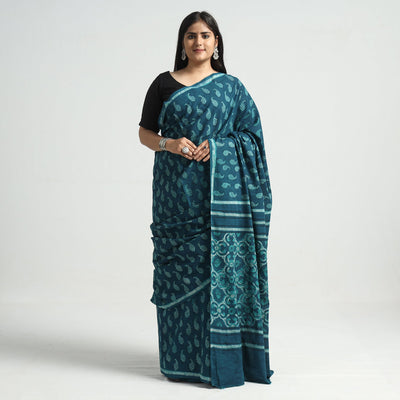 Blue - Akola Hand Block Printed Cotton Saree