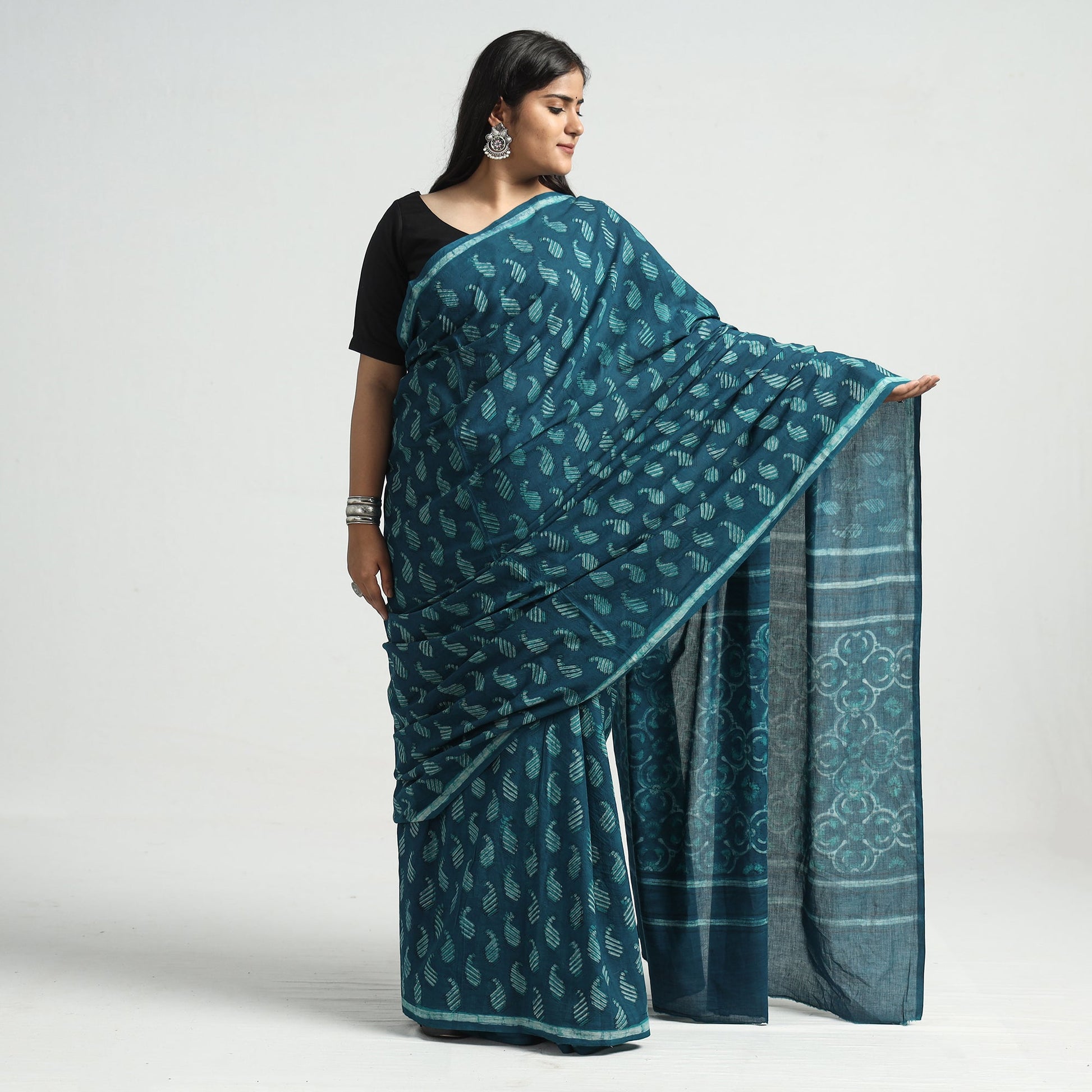 Blue - Akola Hand Block Printed Cotton Saree