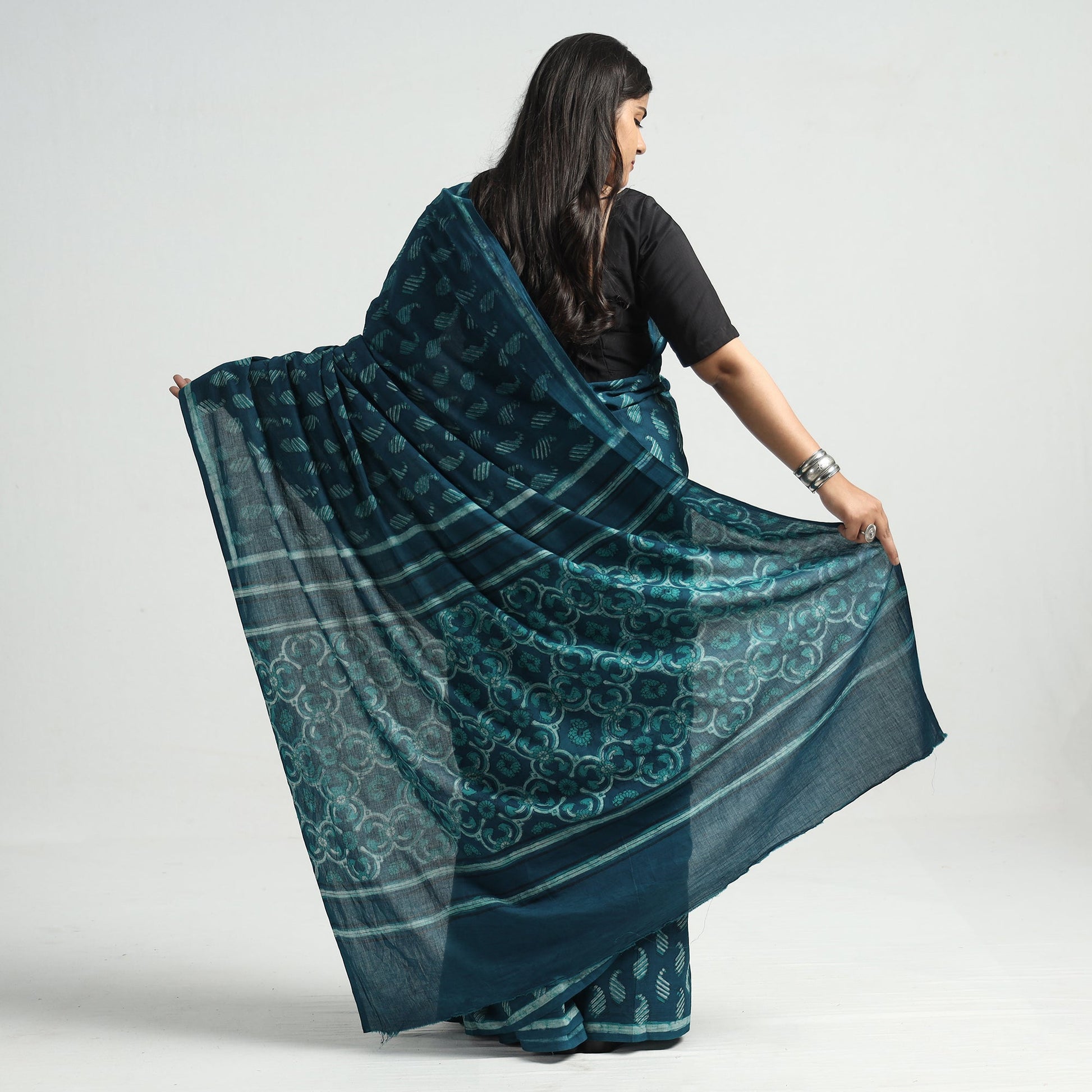 Blue - Akola Hand Block Printed Cotton Saree