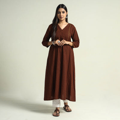 Brown - Block Print Cotton A-Line Bagh Kurta