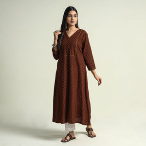 Brown - Block Print Cotton A-Line Bagh Kurta