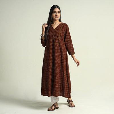 Brown - Block Print Cotton A-Line Bagh Kurta