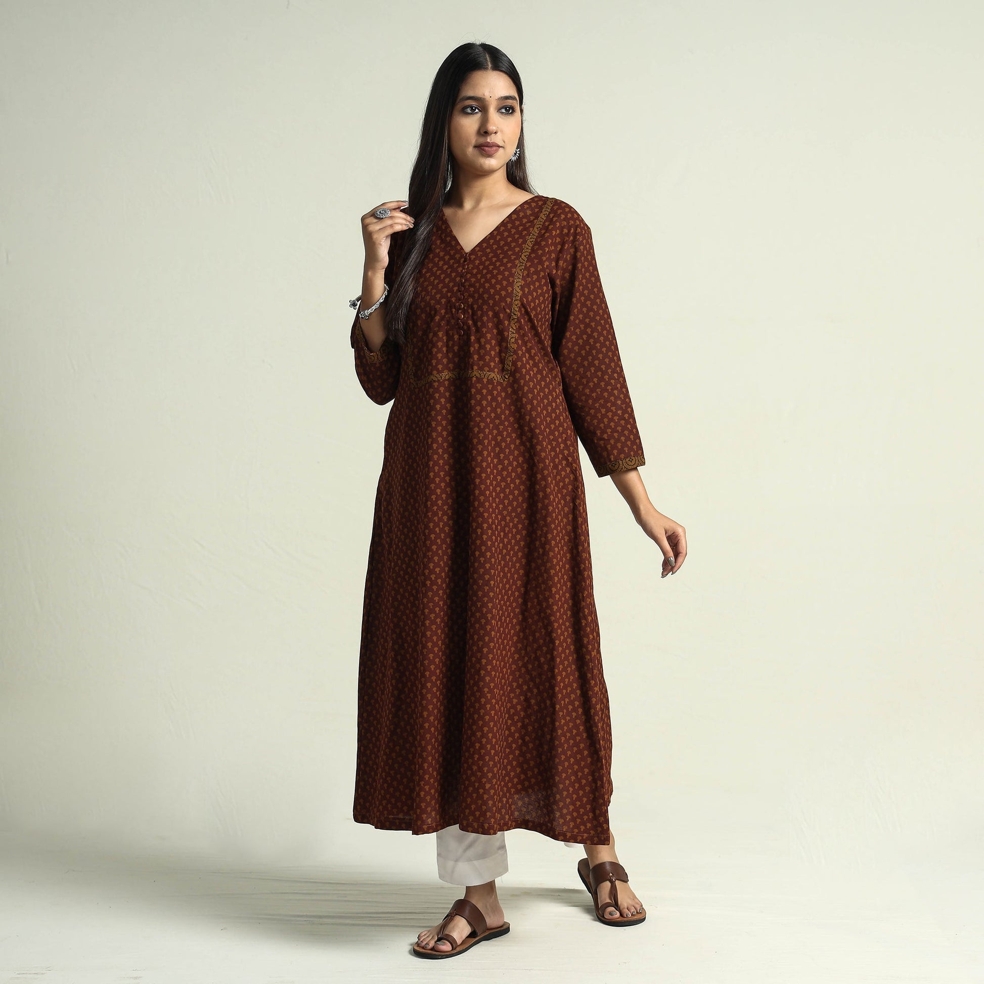 Brown - Block Print Cotton A-Line Bagh Kurta