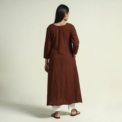 Brown - Block Print Cotton A-Line Bagh Kurta