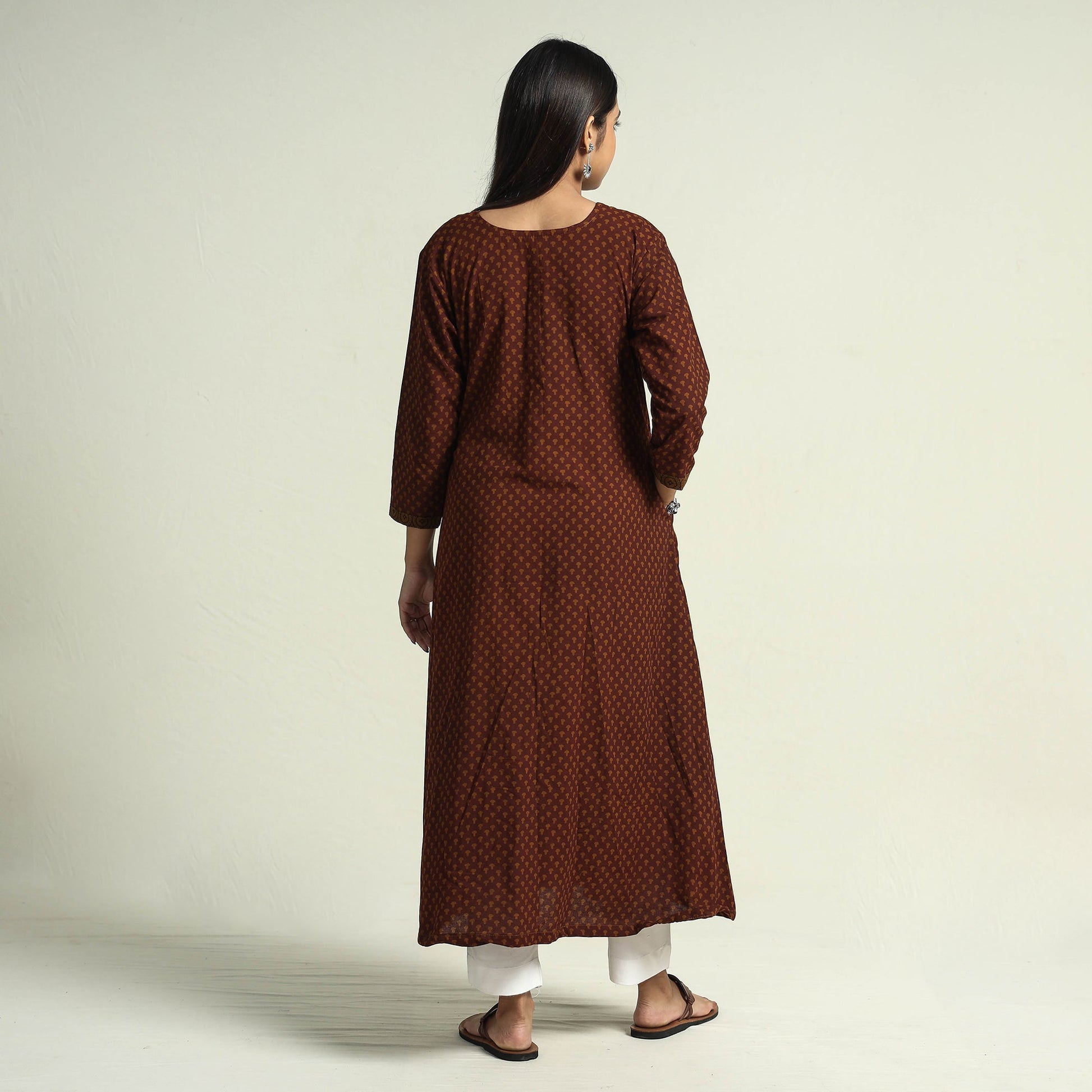 Brown - Block Print Cotton A-Line Bagh Kurta