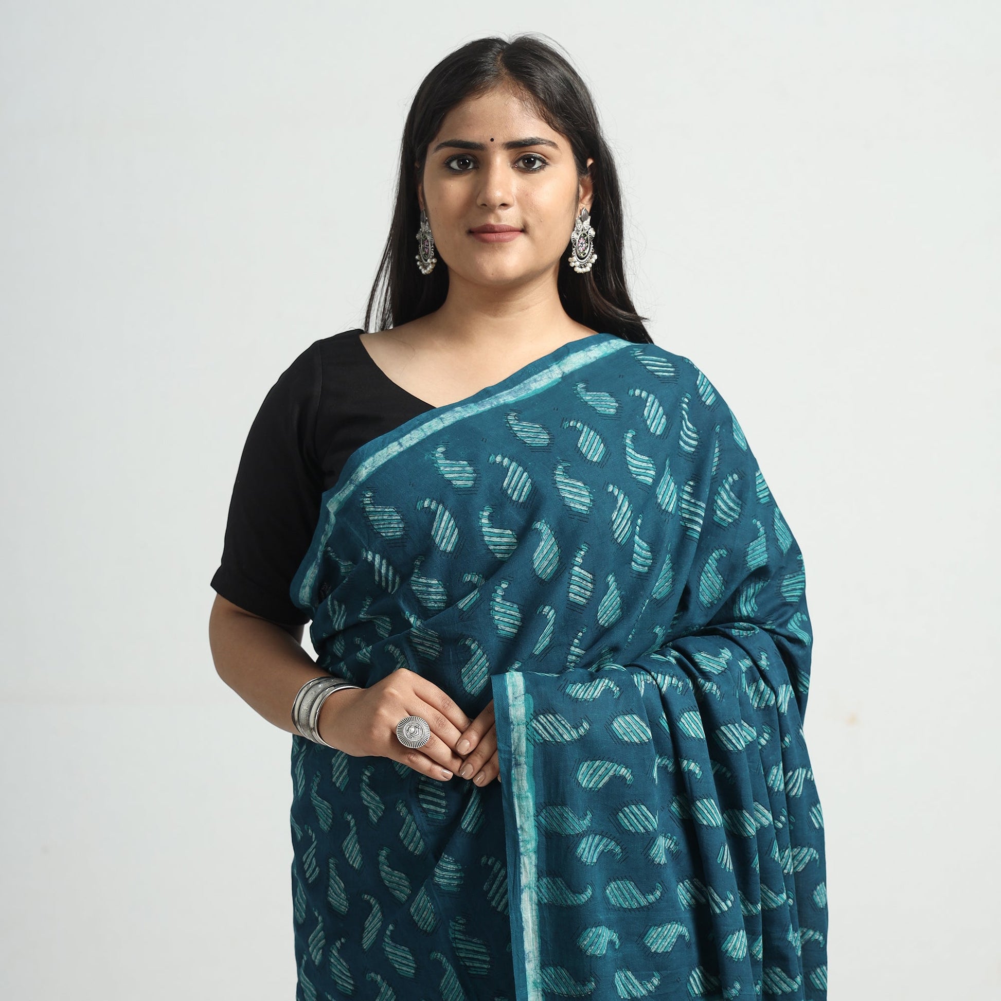 Blue - Akola Hand Block Printed Cotton Saree