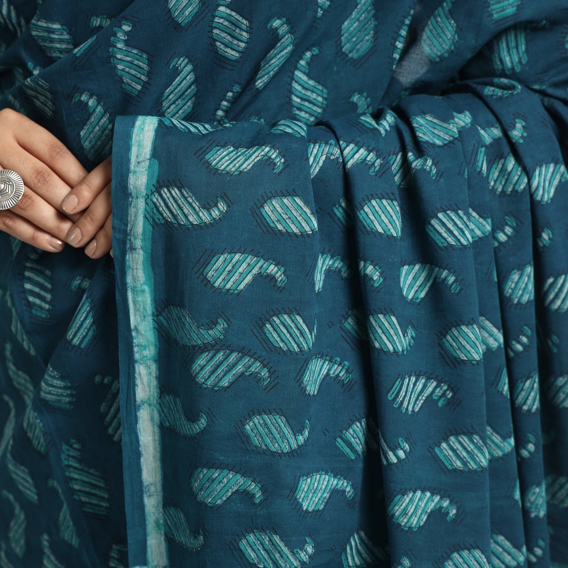 Blue - Akola Hand Block Printed Cotton Saree