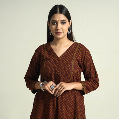 Brown - Block Print Cotton A-Line Bagh Kurta