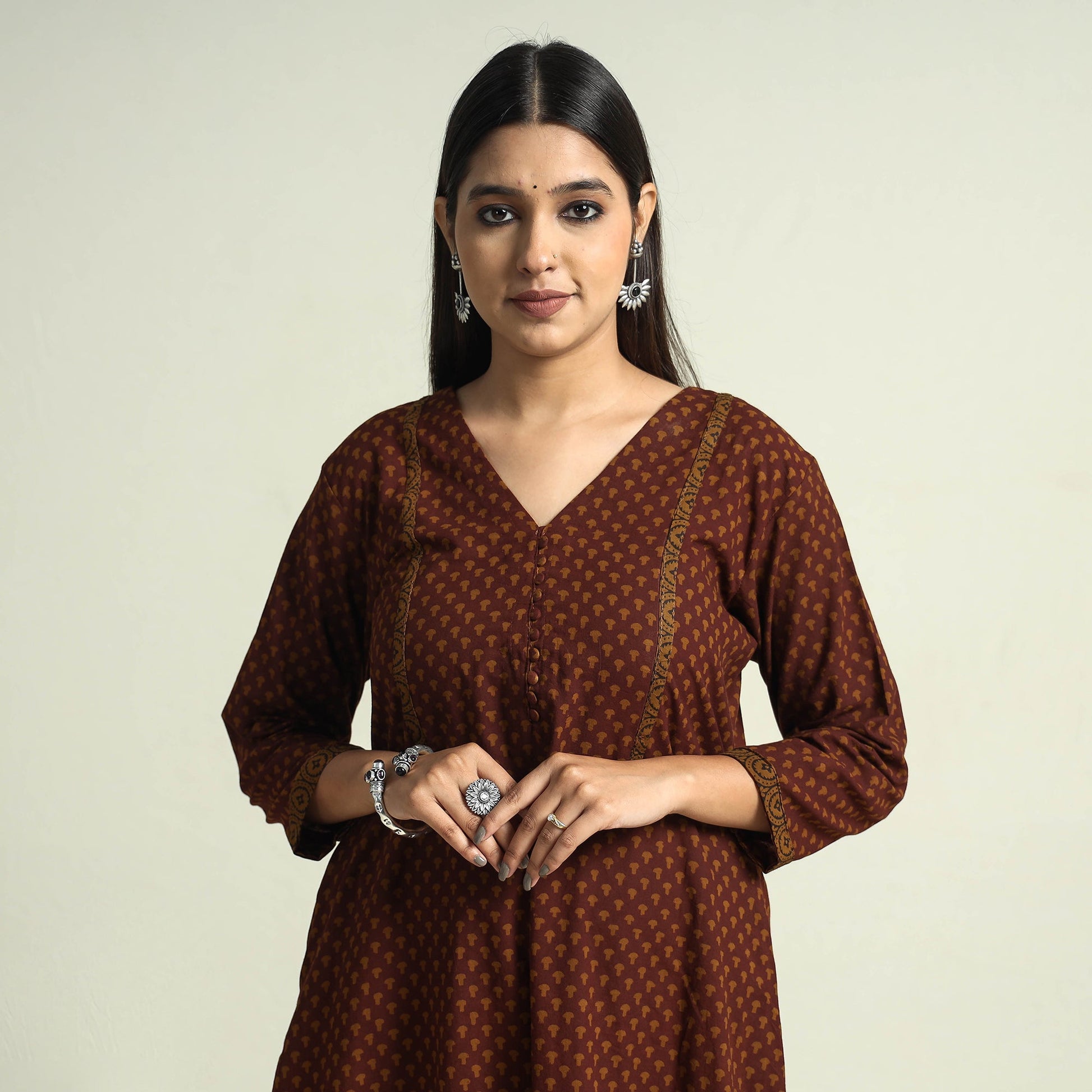 Brown - Block Print Cotton A-Line Bagh Kurta