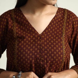Brown - Block Print Cotton A-Line Bagh Kurta
