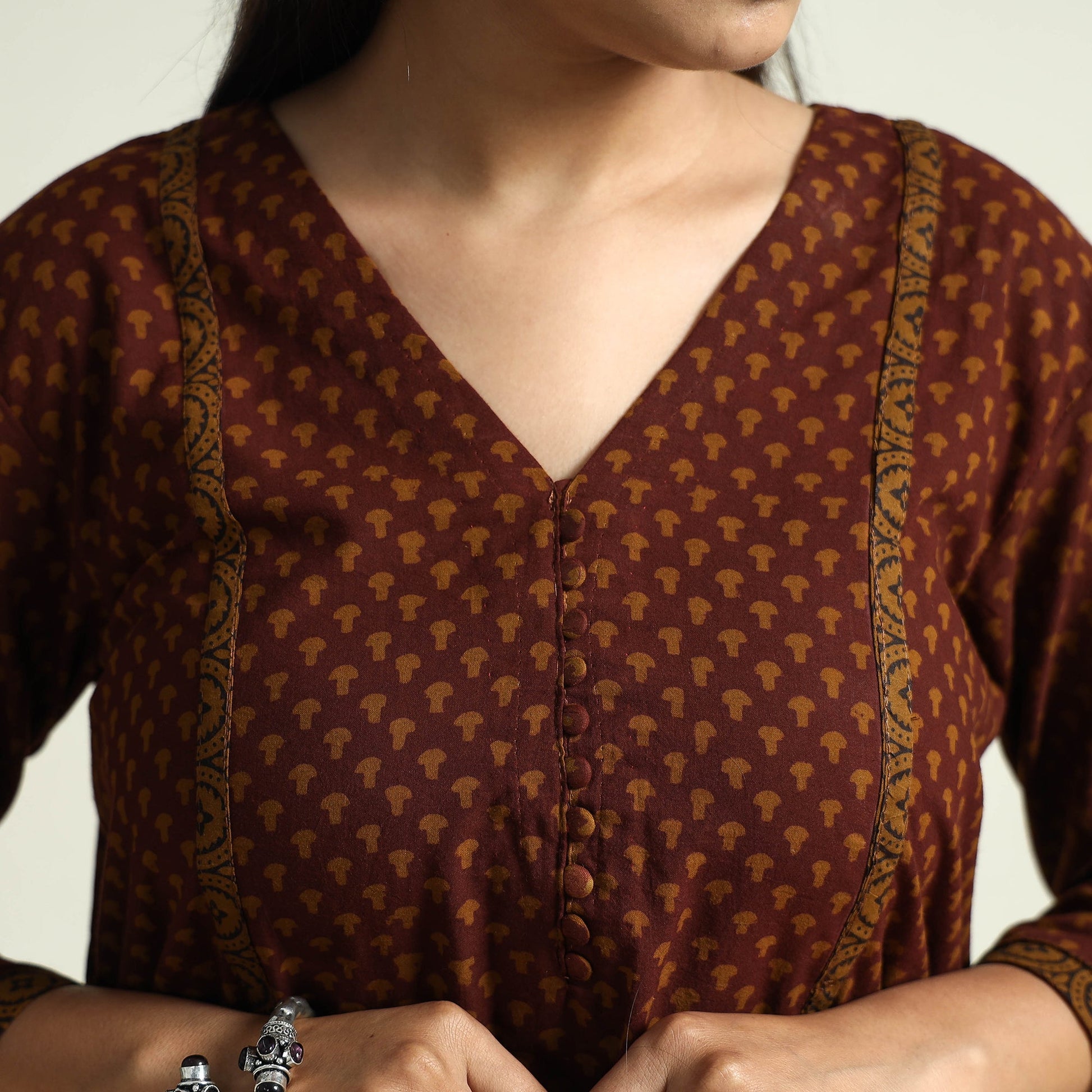 Brown - Block Print Cotton A-Line Bagh Kurta