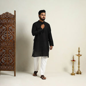 Black - Slub Silk Kurta for Men with Detailed Neckline Work 02