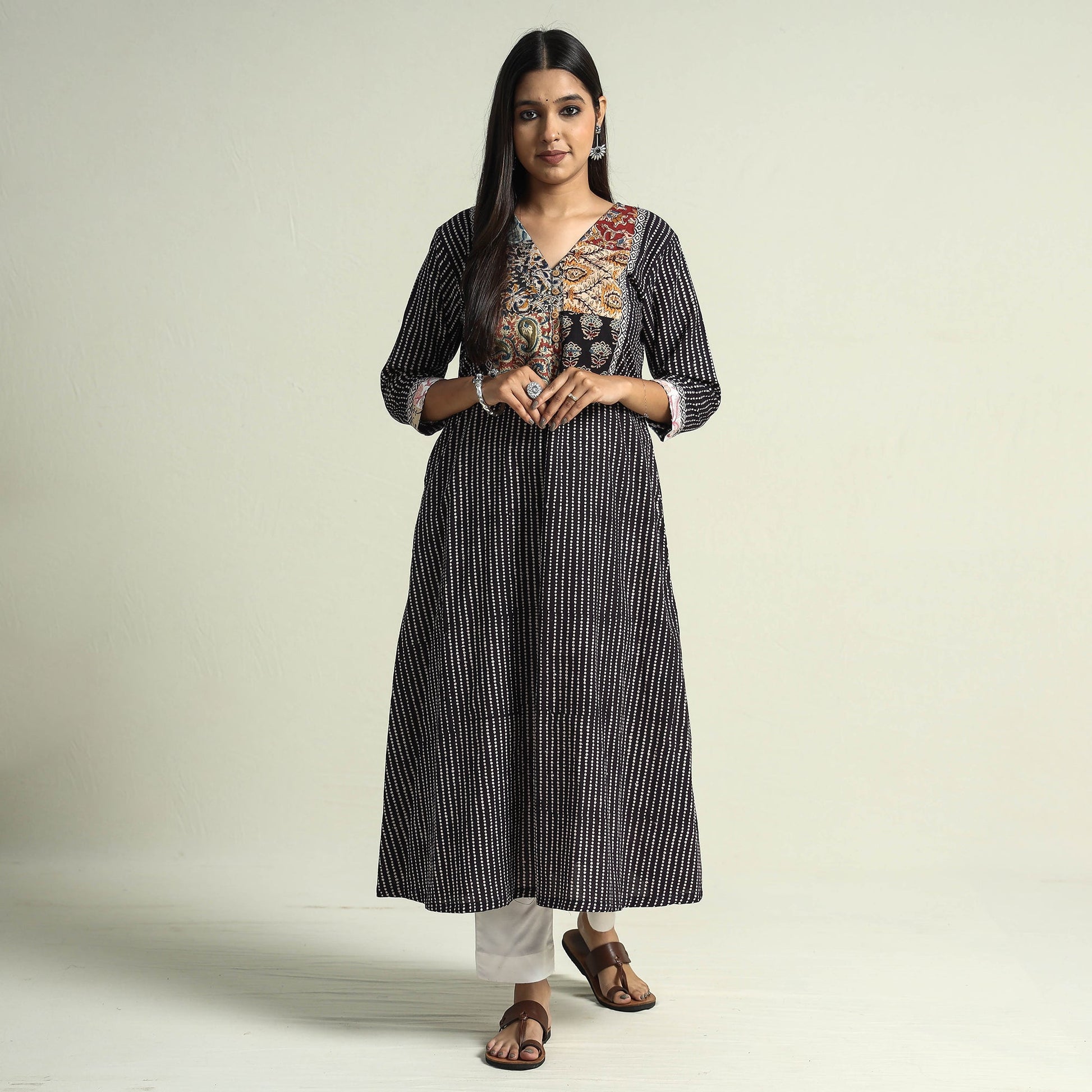 Black - Block Print Cotton Patchwork A-Line Bagh Kurta