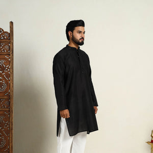 Black - Slub Silk Kurta for Men with Detailed Neckline Work 02
