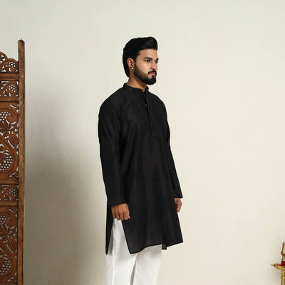 Black - Slub Silk Kurta for Men with Detailed Neckline Work 02