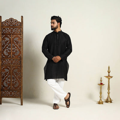 Black - Slub Silk Kurta for Men with Detailed Neckline Work 02