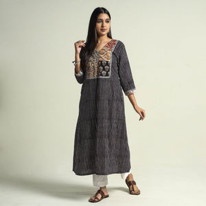 Black - Block Print Cotton Patchwork A-Line Bagh Kurta