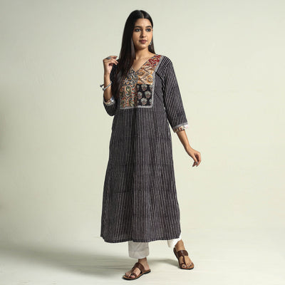 Black - Block Print Cotton Patchwork A-Line Bagh Kurta