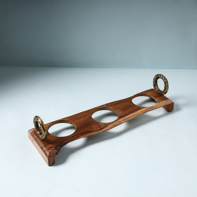 Brown - Hand Carved Dokra Natural Mahogany Wooden Glass Holder Tray (13 x 4 in)
