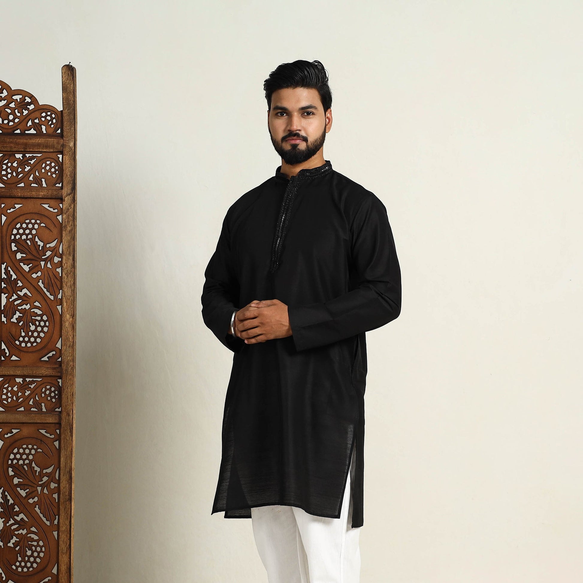 Black - Slub Silk Kurta for Men with Detailed Neckline Work 02