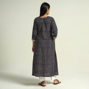 Black - Block Print Cotton Patchwork A-Line Bagh Kurta