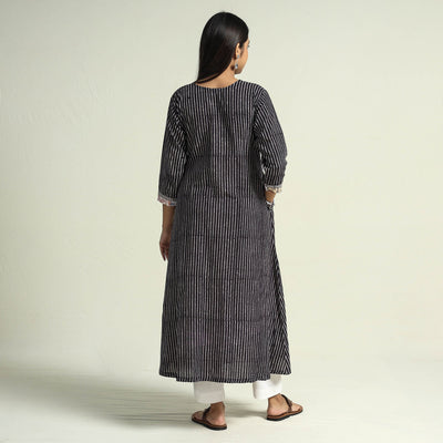 Black - Block Print Cotton Patchwork A-Line Bagh Kurta