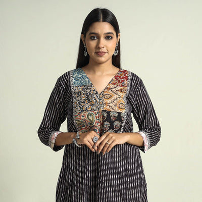 Black - Block Print Cotton Patchwork A-Line Bagh Kurta