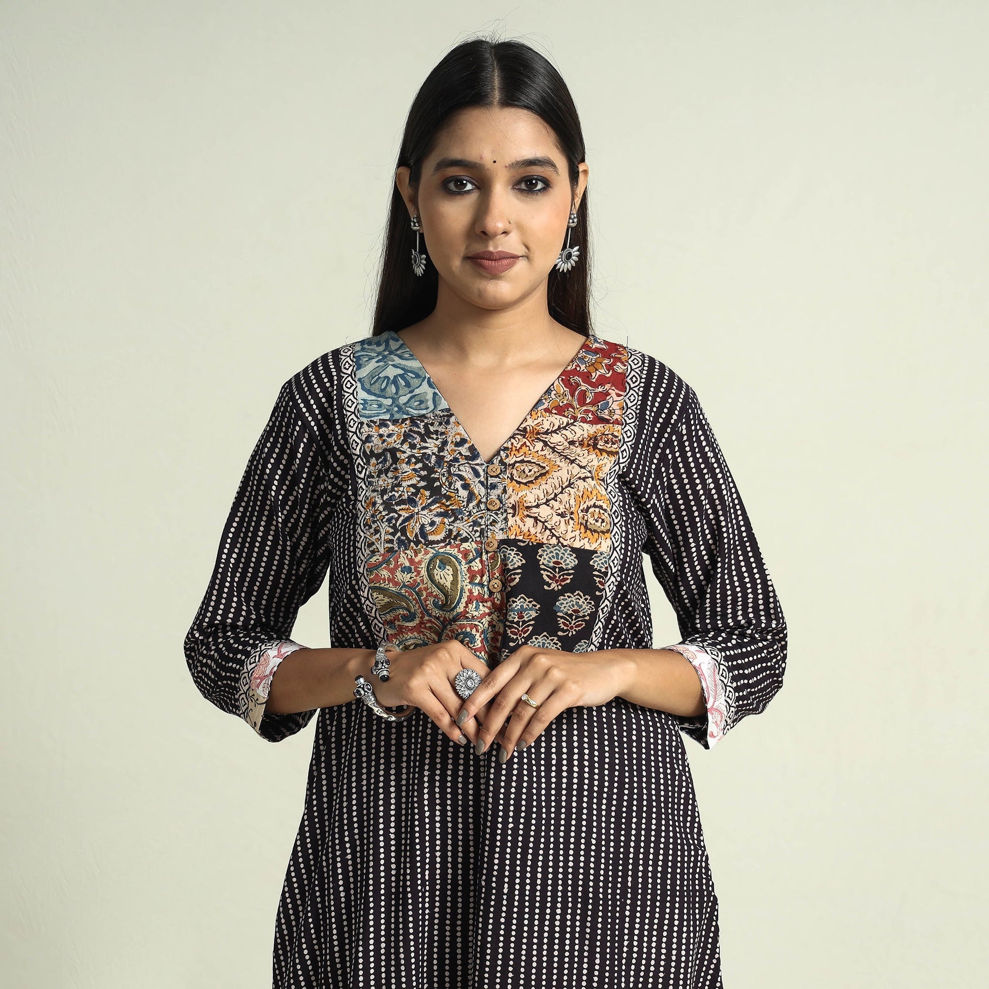 Black - Block Print Cotton Patchwork A-Line Bagh Kurta