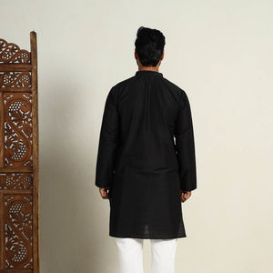 Black - Slub Silk Kurta for Men with Detailed Neckline Work 02