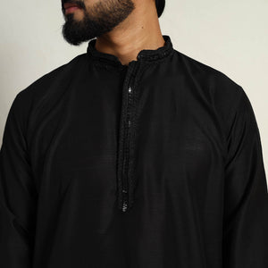Black - Slub Silk Kurta for Men with Detailed Neckline Work 02