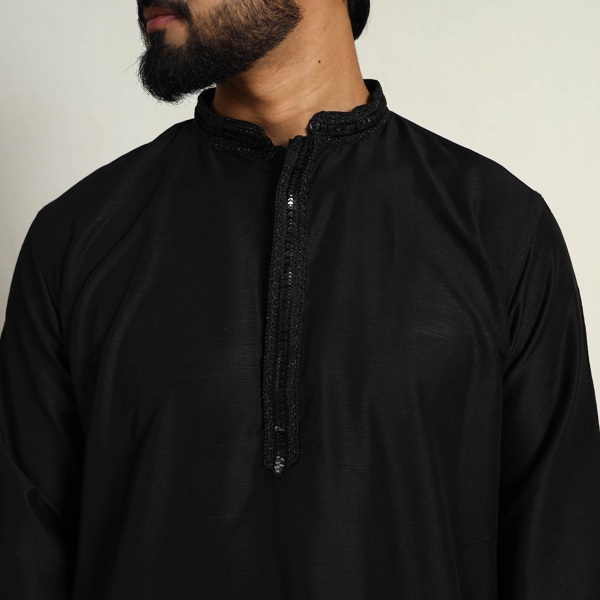 Black - Slub Silk Kurta for Men with Detailed Neckline Work 02
