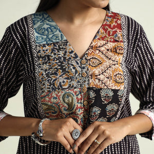 Black - Block Print Cotton Patchwork A-Line Bagh Kurta