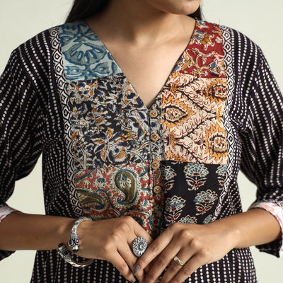 Black - Block Print Cotton Patchwork A-Line Bagh Kurta